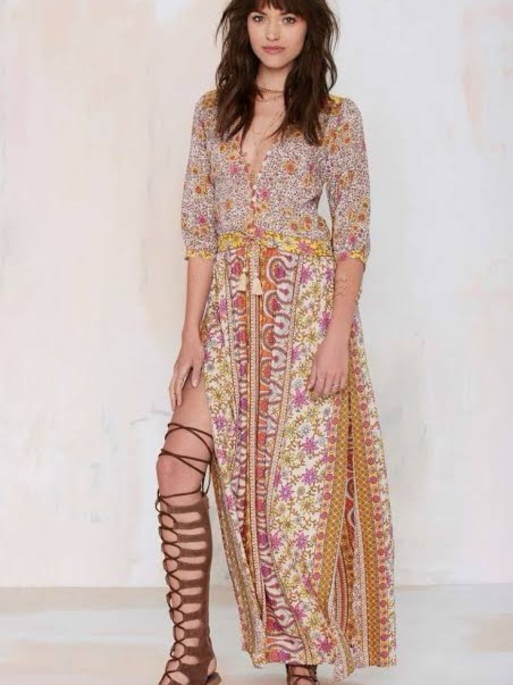 Spell Boho Blossom Orange Bohemian Floral Maxi Dress in Pink, Mustard, Cream